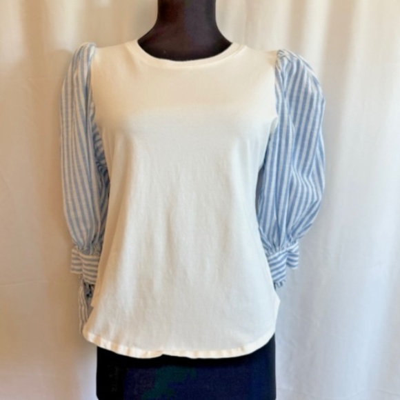 Elie Tahari Women's White Knit Top w/Striped Sleeves Size Large Coastal Preppy - Picture 1 of 6
